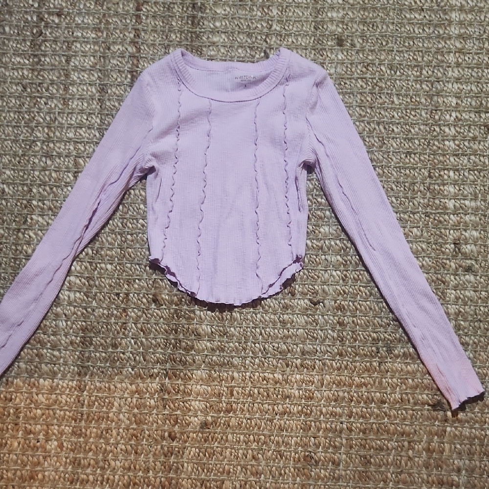 Arizona Jean Company Light Purple Cropped Corset Detail  Long Sleeve Waffle Top